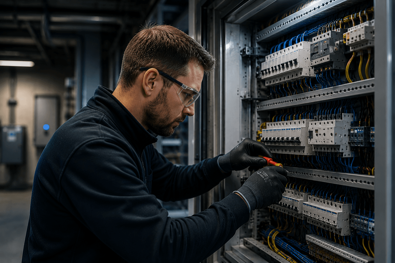 Elektriker arbetar med elcentral